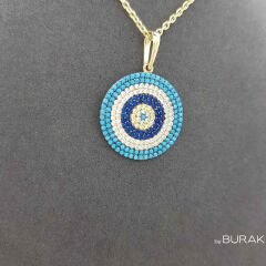 Taşlı Nazar Boncuk Kolye Ucu 14 Ayar Altın