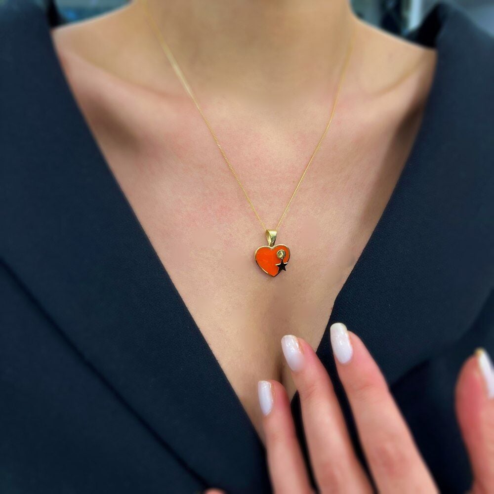 Turuncu Mineli Kalp Kolye Ucu- KLU0671