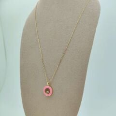 Pembe Mineli Yuvarlak Taşlı Kolye- KLY1034