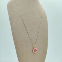 Pembe Mineli Yuvarlak Taşlı Kolye- KLY1034