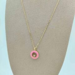 Pembe Mineli Yuvarlak Taşlı Kolye- KLY1034
