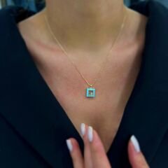 Mavi Mineli Kare Taşlı Kolye- KLY1038