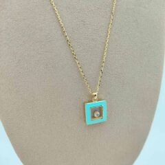 Mavi Mineli Kare Taşlı Kolye- KLY1038