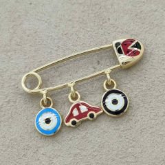 Altın Nazar Boncuklu Araba Figürlü Bebek İğnesi