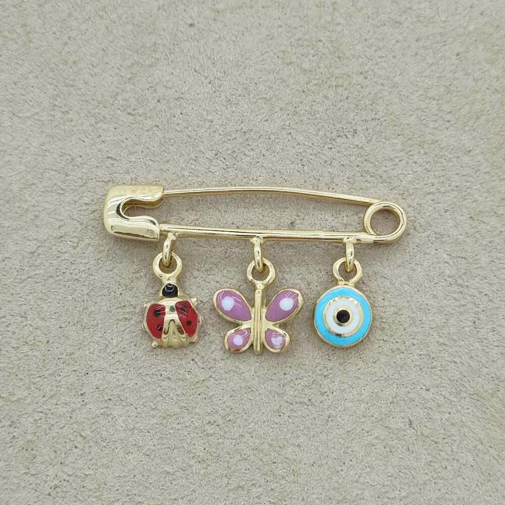 Kelebek Uğur Böceği Figürlü Nazar Boncuklu Bebek İğnesi Altın