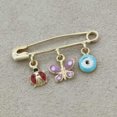 Kelebek Uğur Böceği Figürlü Nazar Boncuklu Bebek İğnesi Altın