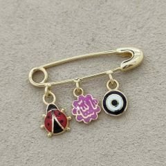 Uğur Böceği Figürlü Dualı Nazar Boncuklu Bebek İğnesi Altın-Pembe Mineli
