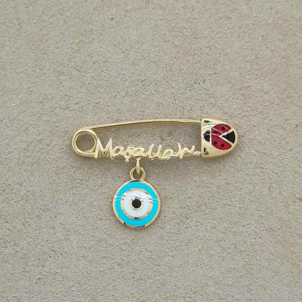 Maşallah Yazılı Nazar Boncuklu Bebek İğnesi Altın