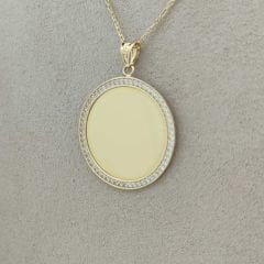 Taşlı Yuvarlak Plaka Madalyon Kolye Ucu - Orta Boy