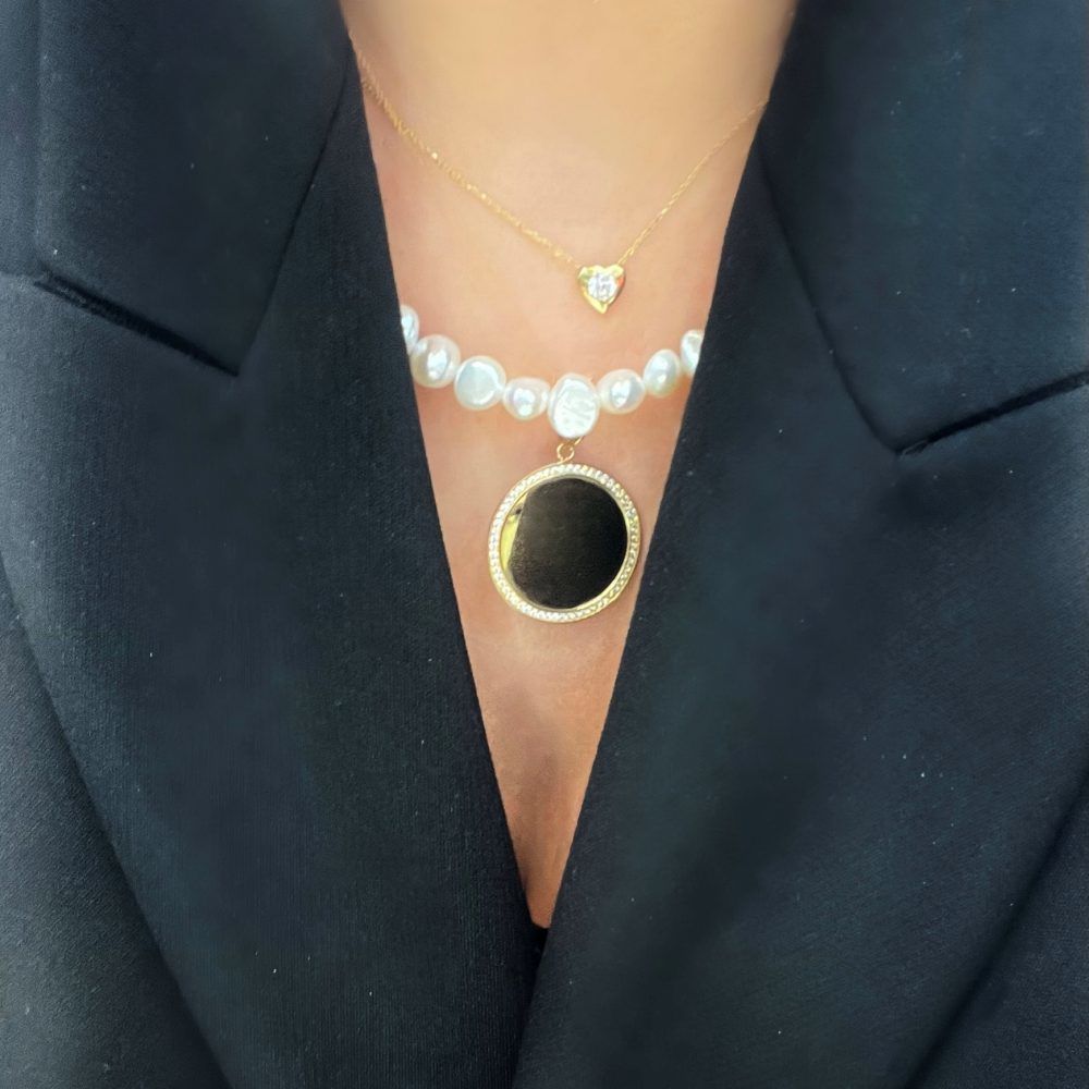 Taşlı Yuvarlak Plaka Madalyon Kolye Ucu - Orta Boy