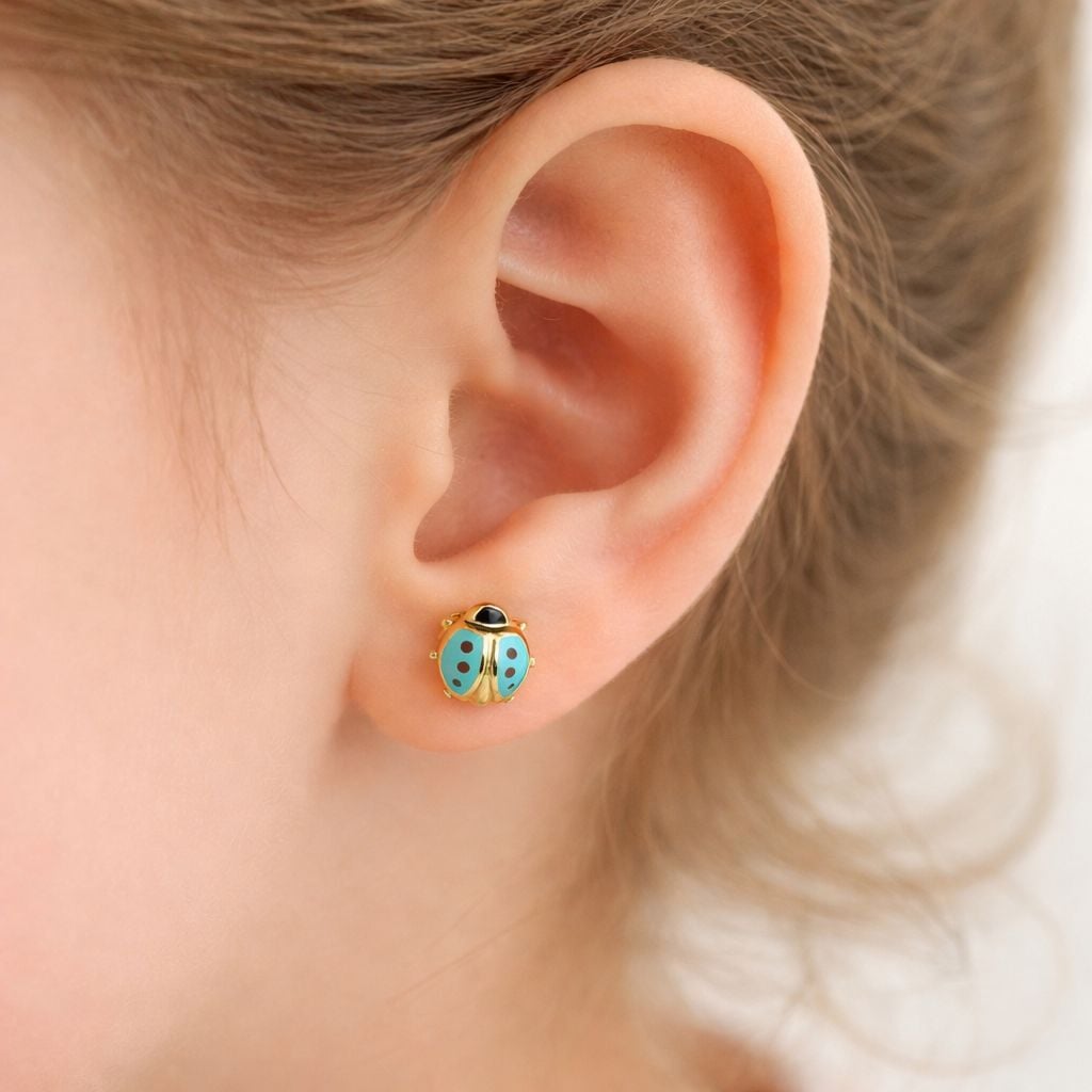 Mavi Mineli Uğur Böceği Çocuk Küpesi - KP00452